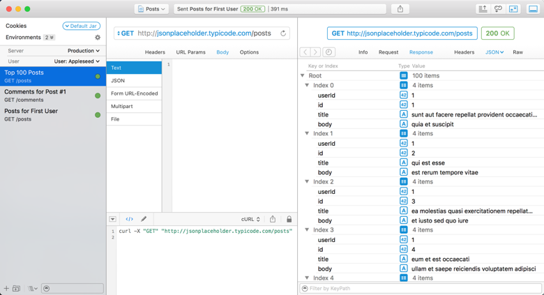 Paw Document containing three sample HTTP Requests and the default panel arrangement