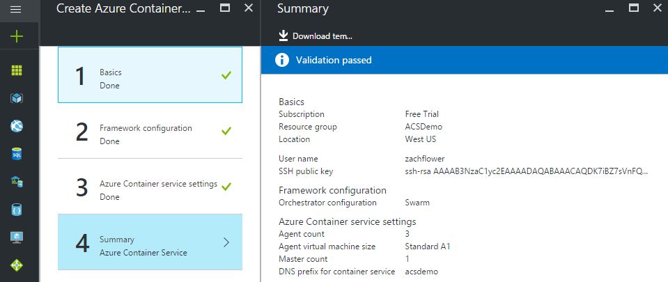 azure container service summary screen