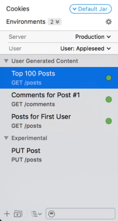 Request List panel showing saved requests, folder organization, and filtering options